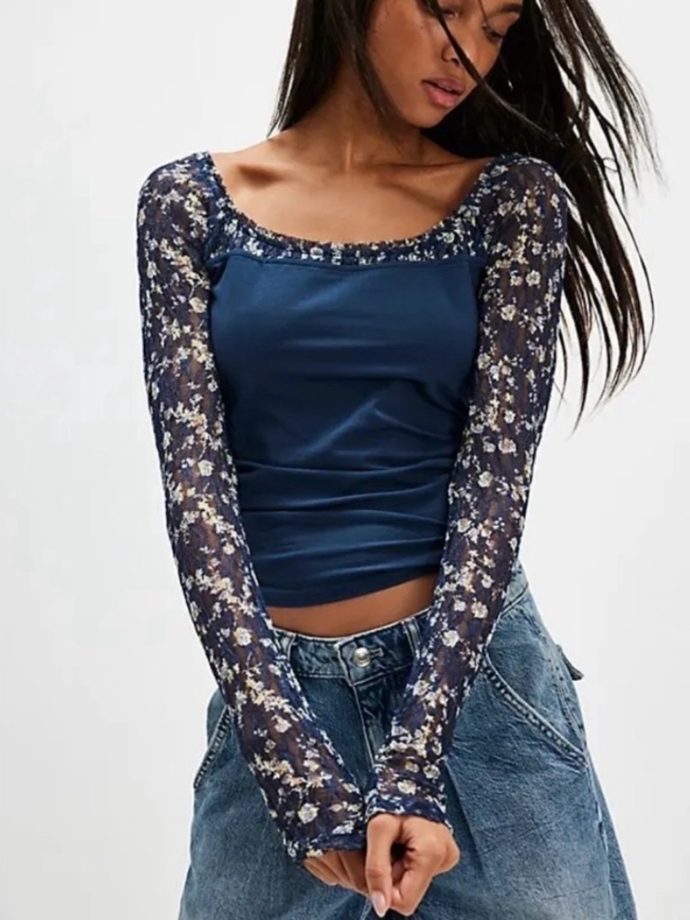 Free People Navy Top with Floral Lace Long Sleeves